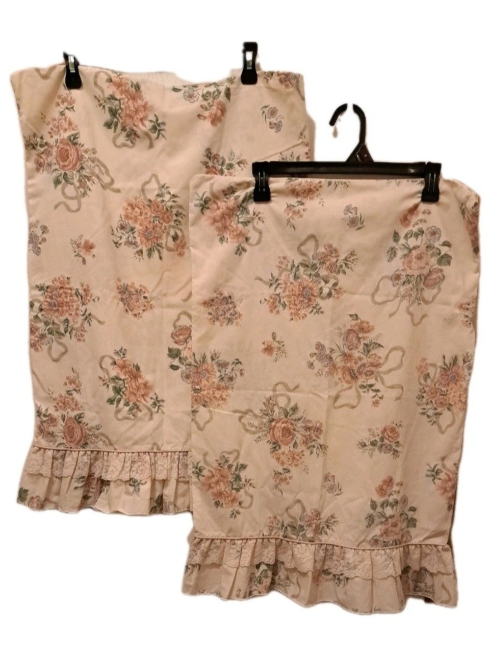 Pair Floral Ruffle Pillow Shams - Cream with Pink Print Shabby Chic Cottagecore